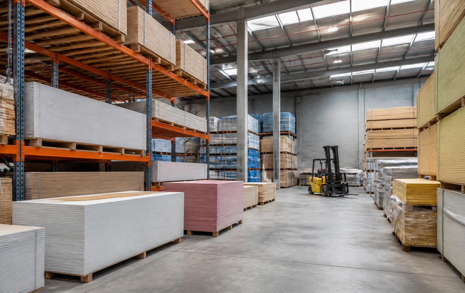 Building materials stacked on racking inside a distribution warehouse